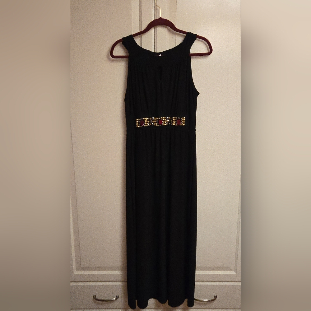 Nic & Dom Petites - Black Maxi Dress with Gold and Red Accents